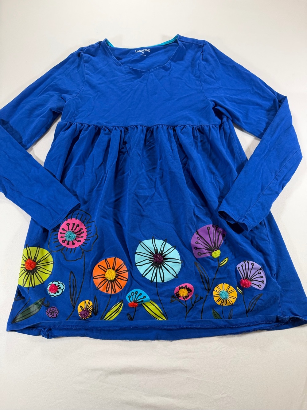 Lands' End Blue Long-Sleeve Floral Hem Dress